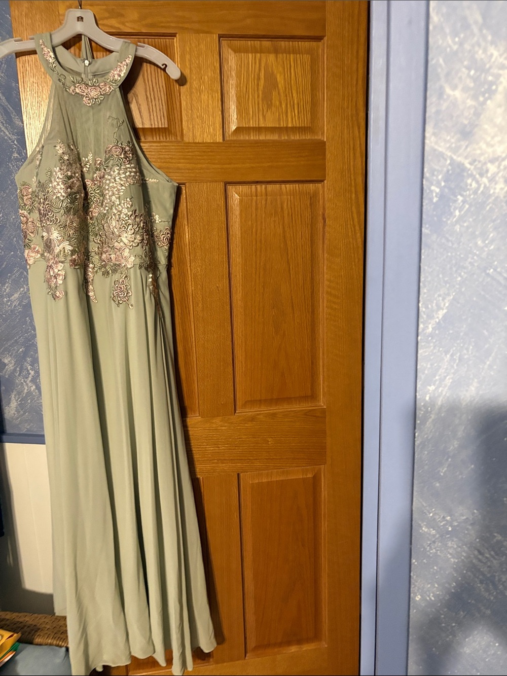 Cachet Sage Green Halter Maxi Dress with Floral Embroidery